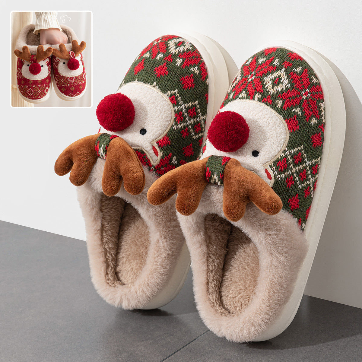 Chaussons de Noël en peluche en forme d'élan mignon