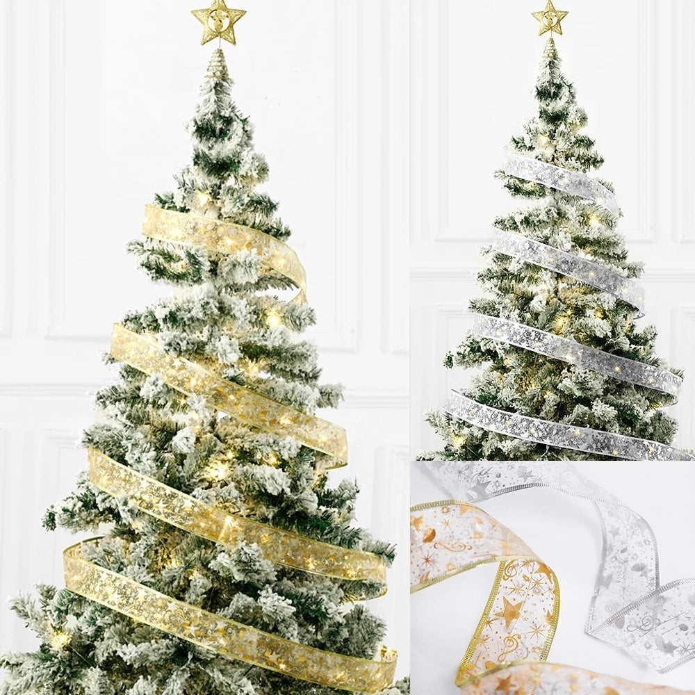 Décorations de Noël en ruban double couche estampé à chaud avec lumières LED