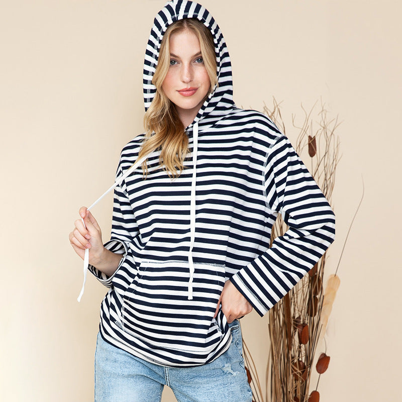 Shiying Striped Hooded Sweater Women's Autumn Fashion Loose-fitting Long Sleeves Top