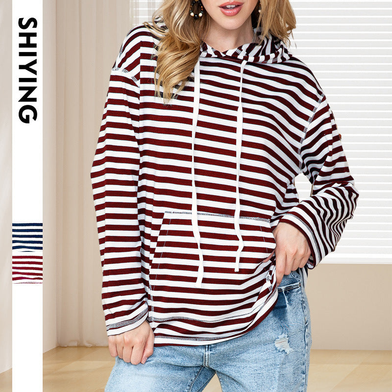 Shiying Striped Hooded Sweater Women's Autumn Fashion Loose-fitting Long Sleeves Top